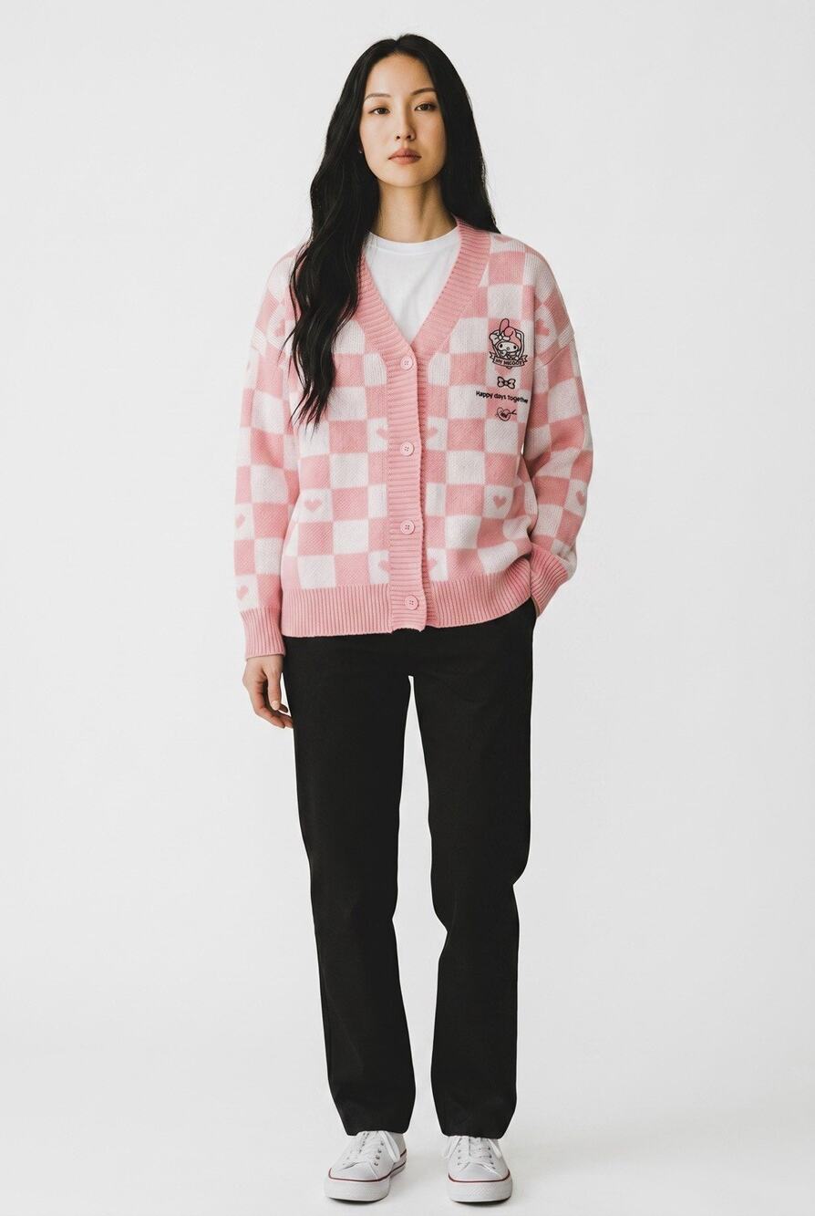 Pink My Melody Checkerboard Cardigan Sweater Kawaii Button Cozy Knit Small